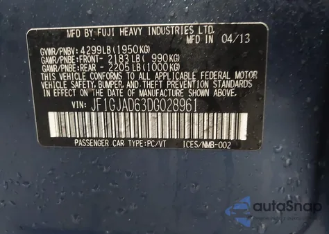 2013 Subaru Impreza 2.0I Premium из США, поврежденный, VIN JF1GJAD63DG028961